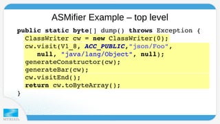 ASMifier Example – top level 
p u blic static byte[] dump() throws Exception { 
ClassWriter cw = new ClassWriter(0); 
cw.visit(V1_8, ACC_PUBLIC,"json/Foo", 
null, "java/lang/Object", null); 
generateConstructor(cw); 
generateBar(cw); 
cw.visitEnd(); 
return cw.toByteArray(); 
} 
 