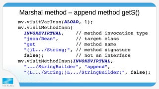 Marshal method – append method getS() 
mv.visitVarInsn(ALOAD, 1); 
mv.visitMethodInsn( 
INVOKEVIRTUAL, // method invocation type 
"json/Bean", // target class 
"get // method name 
"()L.../String;", // method signature 
false); // not an interface 
mv.visitMethodInsn(INVOKEVIRTUAL, 
".../StringBuilder", "append", 
"(L.../String;)L.../StringBuilder;", false); 
 