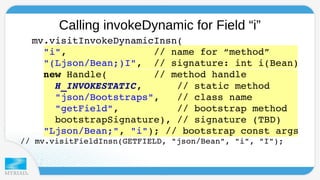 Calling invokeDynamic for Field “i” 
mv.visitInvokeDynamicInsn( 
"i", // name for “method” 
"(Ljson/Bean;)I", // signature: int i(Bean) 
new Handle( // method handle 
H_INVOKESTATIC, // static method 
"json/Bootstraps", // class name 
"getField", // bootstrap method 
bootstrapSignature), // signature (TBD) 
"Ljson/Bean;", "i"); // bootstrap const args 
// mv.visitFieldInsn(GETFIELD, "json/Bean", "i", "I"); 
 