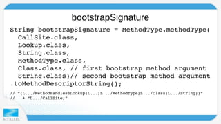 bootstrapSignature 
String bootstrapSignature = MethodType.methodType( 
CallSite.class, 
Lookup.class, 
String.class, 
MethodType.class, 
Class.class, // first bootstrap method argument 
String.class)// second bootstrap method argument 
.toMethodDescriptorString(); 
// “(L.../MethodHandles$Lookup;L...;L.../MethodType;L.../Class;L.../String;)” 
// + “L.../CallSite;” 
 
