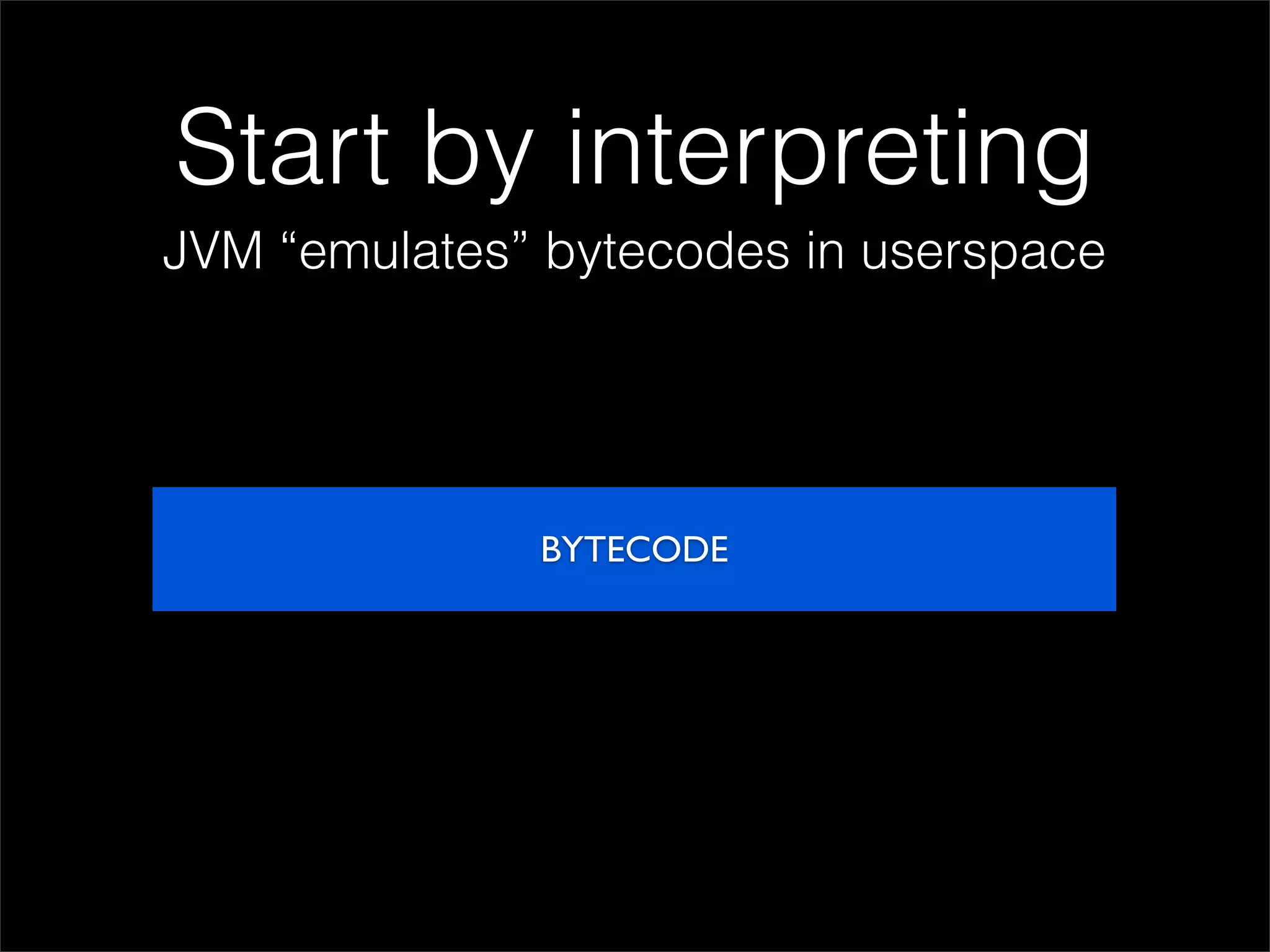 Start by interpreting
JVM “emulates” bytecodes in userspace




              BYTECODE
 