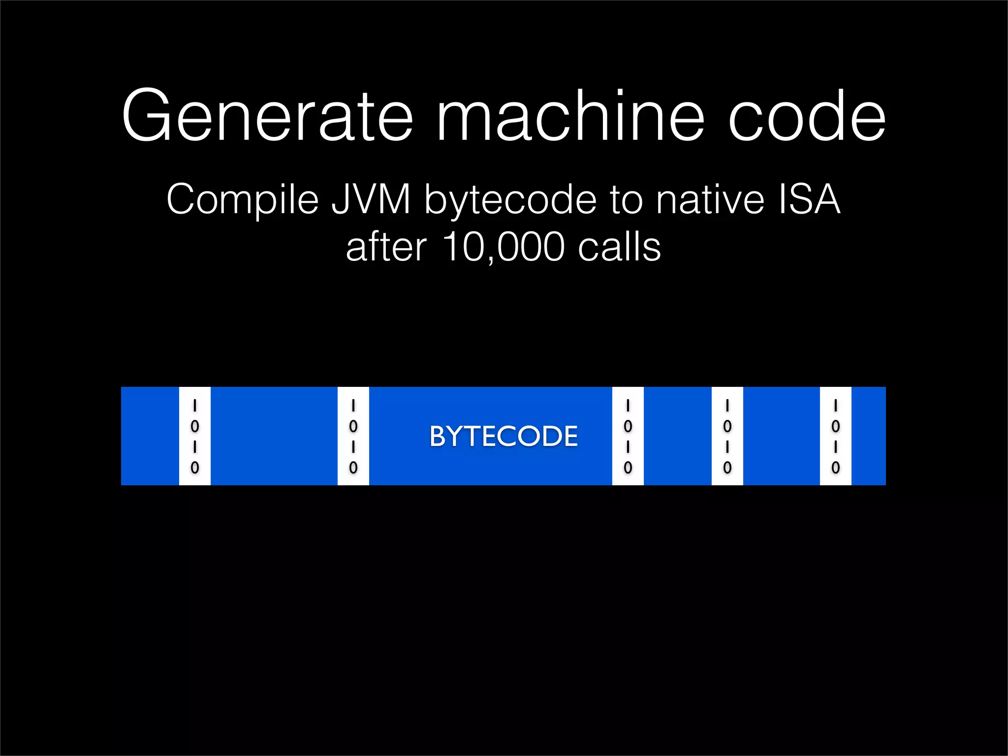 Generate machine code
 Compile JVM bytecode to native ISA
          after 10,000 calls


  1       1              1   1    1
  0       0              0   0    0
  1       1   BYTECODE   1   1    1
  0       0              0   0    0
 