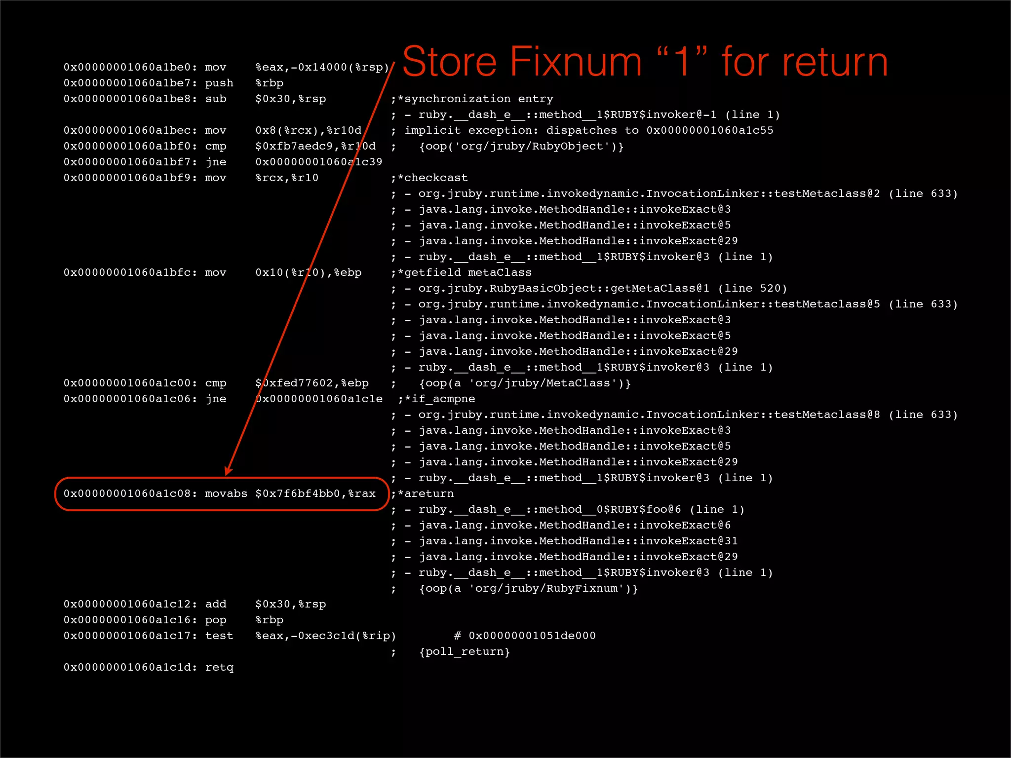 0x00000001060a1be0: mov
  0x00000001060a1be7: push
                             %eax,-0x14000(%rsp)
                             %rbp
                                                 Store Fixnum “1” for return
  0x00000001060a1be8: sub    $0x30,%rsp          ;*synchronization entry
                                                ; - ruby.__dash_e__::method__1$RUBY$invoker@-1 (line 1)
  0x00000001060a1bec: mov    0x8(%rcx),%r10d     ; implicit exception: dispatches to 0x00000001060a1c55
  0x00000001060a1bf0: cmp    $0xfb7aedc9,%r10d ;     {oop('org/jruby/RubyObject')}
  0x00000001060a1bf7: jne    0x00000001060a1c39
  0x00000001060a1bf9: mov    %rcx,%r10           ;*checkcast
                                                ; - org.jruby.runtime.invokedynamic.InvocationLinker::testMetaclass@2 (line 633)
                                                ; - java.lang.invoke.MethodHandle::invokeExact@3
                                                ; - java.lang.invoke.MethodHandle::invokeExact@5
                                                ; - java.lang.invoke.MethodHandle::invokeExact@29
                                                ; - ruby.__dash_e__::method__1$RUBY$invoker@3 (line 1)
  0x00000001060a1bfc: mov    0x10(%r10),%ebp     ;*getfield metaClass
                                                ; - org.jruby.RubyBasicObject::getMetaClass@1 (line 520)
                                                ; - org.jruby.runtime.invokedynamic.InvocationLinker::testMetaclass@5 (line 633)
                                                ; - java.lang.invoke.MethodHandle::invokeExact@3
                                                ; - java.lang.invoke.MethodHandle::invokeExact@5
                                                ; - java.lang.invoke.MethodHandle::invokeExact@29
                                                ; - ruby.__dash_e__::method__1$RUBY$invoker@3 (line 1)
  0x00000001060a1c00: cmp    $0xfed77602,%ebp    ;   {oop(a 'org/jruby/MetaClass')}
  0x00000001060a1c06: jne    0x00000001060a1c1e ;*if_acmpne
                                                ; - org.jruby.runtime.invokedynamic.InvocationLinker::testMetaclass@8 (line 633)
                                                ; - java.lang.invoke.MethodHandle::invokeExact@3
                                                ; - java.lang.invoke.MethodHandle::invokeExact@5
                                                ; - java.lang.invoke.MethodHandle::invokeExact@29
                                                ; - ruby.__dash_e__::method__1$RUBY$invoker@3 (line 1)
  0x00000001060a1c08: movabs $0x7f6bf4bb0,%rax ;*areturn
                                                ; - ruby.__dash_e__::method__0$RUBY$foo@6 (line 1)
                                                ; - java.lang.invoke.MethodHandle::invokeExact@6
                                                ; - java.lang.invoke.MethodHandle::invokeExact@31
                                                ; - java.lang.invoke.MethodHandle::invokeExact@29
                                                ; - ruby.__dash_e__::method__1$RUBY$invoker@3 (line 1)
                                                ;    {oop(a 'org/jruby/RubyFixnum')}
  0x00000001060a1c12: add    $0x30,%rsp
  0x00000001060a1c16: pop    %rbp
  0x00000001060a1c17: test   %eax,-0xec3c1d(%rip)         # 0x00000001051de000
                                                ;    {poll_return}
  0x00000001060a1c1d: retq
 