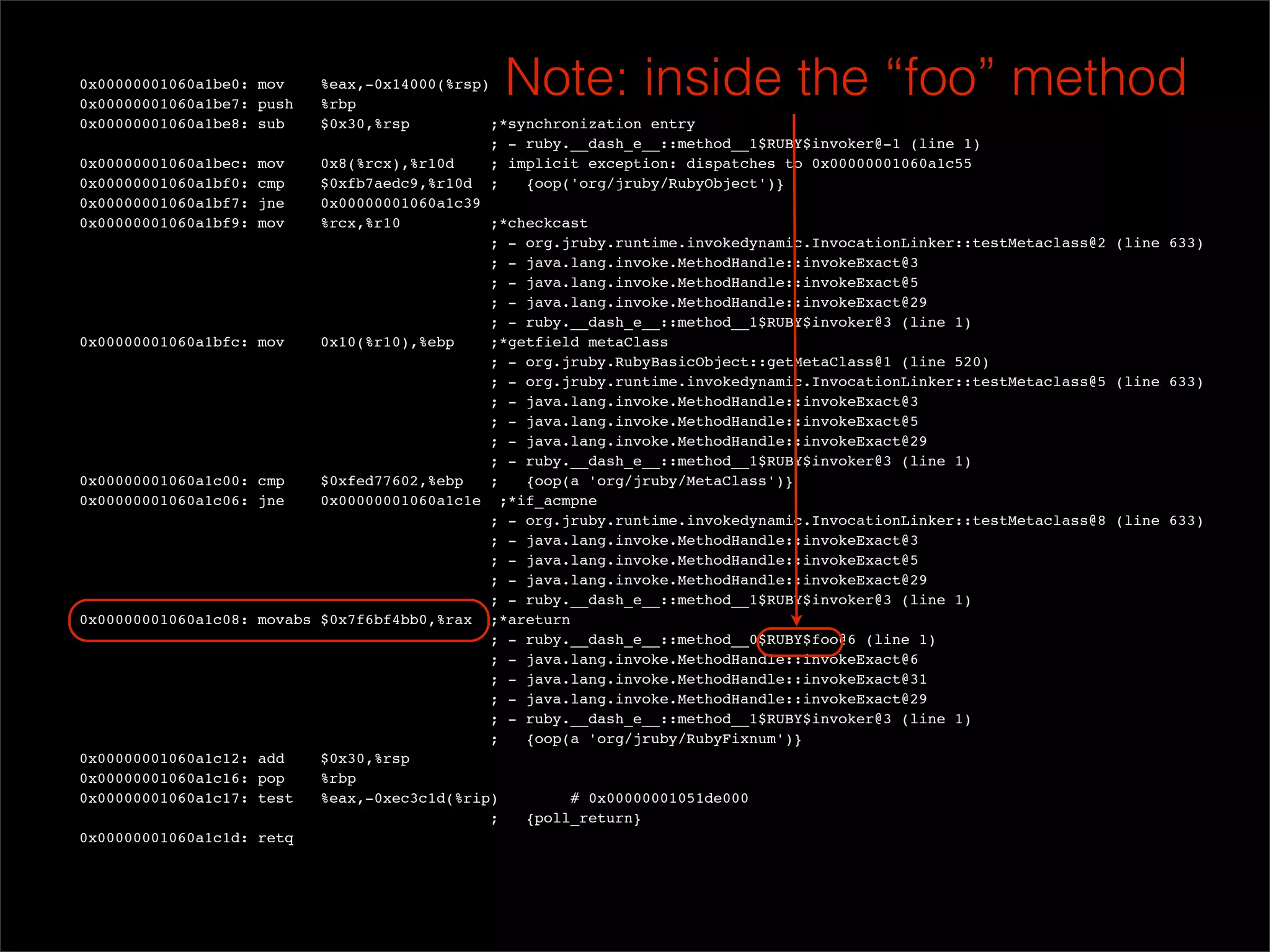 0x00000001060a1be0: mov
  0x00000001060a1be7: push
                             %eax,-0x14000(%rsp)
                             %rbp
                                                 Note: inside the “foo” method
  0x00000001060a1be8: sub    $0x30,%rsp          ;*synchronization entry
                                                ; - ruby.__dash_e__::method__1$RUBY$invoker@-1 (line 1)
  0x00000001060a1bec: mov    0x8(%rcx),%r10d     ; implicit exception: dispatches to 0x00000001060a1c55
  0x00000001060a1bf0: cmp    $0xfb7aedc9,%r10d ;     {oop('org/jruby/RubyObject')}
  0x00000001060a1bf7: jne    0x00000001060a1c39
  0x00000001060a1bf9: mov    %rcx,%r10           ;*checkcast
                                                ; - org.jruby.runtime.invokedynamic.InvocationLinker::testMetaclass@2 (line 633)
                                                ; - java.lang.invoke.MethodHandle::invokeExact@3
                                                ; - java.lang.invoke.MethodHandle::invokeExact@5
                                                ; - java.lang.invoke.MethodHandle::invokeExact@29
                                                ; - ruby.__dash_e__::method__1$RUBY$invoker@3 (line 1)
  0x00000001060a1bfc: mov    0x10(%r10),%ebp     ;*getfield metaClass
                                                ; - org.jruby.RubyBasicObject::getMetaClass@1 (line 520)
                                                ; - org.jruby.runtime.invokedynamic.InvocationLinker::testMetaclass@5 (line 633)
                                                ; - java.lang.invoke.MethodHandle::invokeExact@3
                                                ; - java.lang.invoke.MethodHandle::invokeExact@5
                                                ; - java.lang.invoke.MethodHandle::invokeExact@29
                                                ; - ruby.__dash_e__::method__1$RUBY$invoker@3 (line 1)
  0x00000001060a1c00: cmp    $0xfed77602,%ebp    ;   {oop(a 'org/jruby/MetaClass')}
  0x00000001060a1c06: jne    0x00000001060a1c1e ;*if_acmpne
                                                ; - org.jruby.runtime.invokedynamic.InvocationLinker::testMetaclass@8 (line 633)
                                                ; - java.lang.invoke.MethodHandle::invokeExact@3
                                                ; - java.lang.invoke.MethodHandle::invokeExact@5
                                                ; - java.lang.invoke.MethodHandle::invokeExact@29
                                                ; - ruby.__dash_e__::method__1$RUBY$invoker@3 (line 1)
  0x00000001060a1c08: movabs $0x7f6bf4bb0,%rax ;*areturn
                                                ; - ruby.__dash_e__::method__0$RUBY$foo@6 (line 1)
                                                ; - java.lang.invoke.MethodHandle::invokeExact@6
                                                ; - java.lang.invoke.MethodHandle::invokeExact@31
                                                ; - java.lang.invoke.MethodHandle::invokeExact@29
                                                ; - ruby.__dash_e__::method__1$RUBY$invoker@3 (line 1)
                                                ;    {oop(a 'org/jruby/RubyFixnum')}
  0x00000001060a1c12: add    $0x30,%rsp
  0x00000001060a1c16: pop    %rbp
  0x00000001060a1c17: test   %eax,-0xec3c1d(%rip)         # 0x00000001051de000
                                                ;    {poll_return}
  0x00000001060a1c1d: retq
 