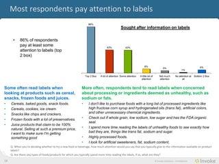 Most consumers pay attention to labels
                                                                   86%
                                                                                               Sought after information on labels

       •    86% of consumers pay
            at least some attention                                               43%              43%
            to labels (top 2 box)


                                                                                                                      8%                                                     6%
                                                                                                                                           5%
                                                                                                                                                              1%

                                                                 Top 2 Box   A lot of attention Some attention   A little bit of       Not much        No attention at   Bottom 2 Box
                                                                                                                  attention            attention             all


Some often read labels when                                  More often, consumers tend to read labels when concerned
looking at products such as cereal,                          about processing or ingredients deemed as unhealthy, such as
snacks, frozen foods and juices.                             sodium or fats.
•    Cereals, baked goods, snack foods.                      •     I don't like to purchase foods with a long list of processed ingredients like
•    Cereals, cookies, ice cream.                                  high fructose corn syrup and hydrogenated oils (trans fat), artificial colors,
•    Snacks like chips and crackers.                               and other unnecessary chemical ingredients.
•    Frozen foods with a lot of preservatives.               •     Check out if whole grain, low sodium, low sugar and has the FDA organic
                                                                   seal.
•    Juice products that claim to be 100%
     natural. Selling at such a premium price,               •     I spend more time reading the labels of unhealthy foods to see exactly how
     I want to make sure I'm getting                               bad they are, things like trans fat, sodium and sugar.
     something good                                          •     Highly processed foods.
                                                             •     I look for artificial sweeteners, fat, sodium content,
     Q: When you're deciding whether to try a new food or beverage, how much attention would you say that you typically give to the information available on product
     labels?
     Q: Are there any types of foods/products for which you typically spend more time reading the labels, if so, what are they?

13                                                                                                                                 © Invoke Solutions - Confidential
 