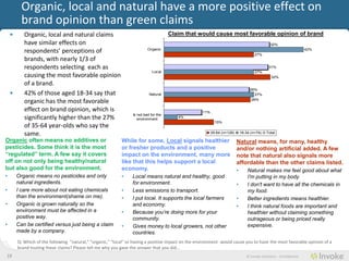 Organic, local and natural have a more positive effect on
          brand opinion than green claims
    •      Organic, local and natural claims                                           Claim that would cause most favorable opinion of brand
           have similar effects on consumers’                                                                                                    32%

           perceptions of brands, with nearly                              Organic
                                                                                                                                       27%
                                                                                                                                                                      42%

           1/3 of consumers selecting each
           as causing the most favorable                                                                                                        31%
                                                                              Local                                                    27%
           opinion of a brand.                                                                                                                   32%

    •      42% of those aged 18-34 say that
                                                                                                                                    26%
           organic has the most favorable                                   Natural                                                    27%

           effect on brand opinion, which is                                                                                         26%

           significantly higher than the 27%                                                         11%
                                                                  Is not bad for the
           of 35-64 year-olds who say the                            environment
                                                                                          4%
                                                                                                             15%
           same.
                                                                                                           35-64 (n=126)       18-34 (n=74)   Total

Organic often means no additives or                         While for some, Local signals healthier                        Natural means, for many, healthy
pesticides. Some think it is the most                       or fresher products and a positive                             and/or nothing artificial added. A few
“regulated” term. A few say it covers                       impact on the environment, many more                           note that natural also signals more
off on not only being healthy/natural                       like that this helps support a local                           affordable than the other claims listed.
but also good for the environment.                          economy.                                                       •       Natural makes me feel good about what
•       Organic means no pesticides and only                •    Local means natural and healthy, good                             I'm putting in my body
        natural ingredients.                                     for environment.                                          •       I don't want to have all the chemicals in
•       I care more about not eating chemicals              •    Less emissions to transport.                                      my food.
        than the environment(shame on me).                  •    I put local. It supports the local farmers                •       Better ingredients means healthier.
•       Organic is grown naturally so the                        and economy.                                              •       I think natural foods are important and
        environment must be affected in a                   •    Because you‟re doing more for your                                healthier without claiming something
        positive way.                                            community.                                                        outrageous or being priced really
•       Can be certified versus just being a claim          •    Gives money to local growers, not other                           expensive.
        made by a company.                                       countries.
        Q: Which of the following "natural," "organic," "local" or having a positive impact on the environment would cause you to have the most favorable opinion of a
        brand touting these claims? Please tell me why you gave the answer that you did...
19                                                                                                                                © Invoke Solutions - Confidential
 