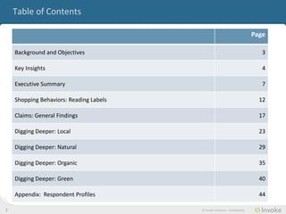 Table of Contents

                                                                             Page

    Background and Objectives                                                   3

    Key Insights                                                                4

    Executive Summary                                                           7

    Shopping Behaviors: Reading Labels                                         12

    Claims: General Findings                                                   17

    Digging Deeper: Local                                                      23

    Digging Deeper: Natural                                                    29

    Digging Deeper: Organic                                                    35

    Digging Deeper: Green                                                      40

    Appendix: Respondent Profiles                                              44

2                                        © Invoke Solutions - Confidential
 