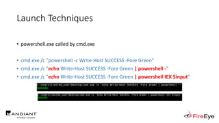 Launch Techniques
• powershell.exe called by cmd.exe
• cmd.exe /c "powershell -c Write-Host SUCCESS -Fore Green"
• cmd.exe...