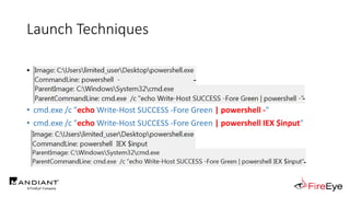 Launch Techniques
• powershell.exe called by cmd.exe
..
• cmd.exe /c "echo Write-Host SUCCESS -Fore Green | powershell -"
...
