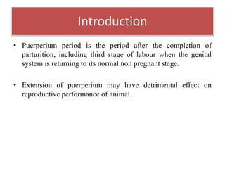 Introduction
• Puerperium period is the period after the completion of
parturition, including third stage of labour when the genital
system is returning to its normal non pregnant stage.
• Extension of puerperium may have detrimental effect on
reproductive performance of animal.
 