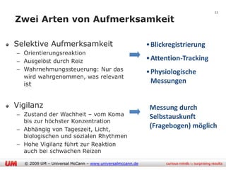 22

Zwei Arten von Aufmerksamkeit

Selektive Aufmerksamkeit                                  •Blickregistrierung
– Orientierungsreaktion
– Ausgelöst durch Reiz                                    •Attention-Tracking
– Wahrnehmungssteuerung: Nur das                          •Physiologische
  wird wahrgenommen, was relevant
  ist                                                      Messungen


Vigilanz                                                   Messung durch
– Zustand der Wachheit – vom Koma                          Selbstauskunft
  bis zur höchster Konzentration
– Abhängig von Tageszeit, Licht,
                                                           (Fragebogen) möglich
  biologischen und sozialen Rhythmen
– Hohe Vigilanz führt zur Reaktion
  auch bei schwachen Reizen

  © 2009 UM – Universal McCann – www.universalmccann.de
 