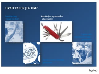 HVAD TALER JEG OM?
Involvering
- hvad er det?

V?rkt?jer og metoder
- eksempler

7 gode r?d
om involveringsprocesser

Involverende strategiprocesser

 