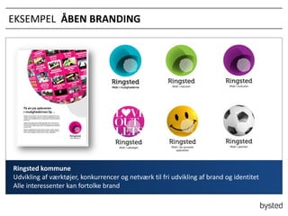 EKSEMPEL ?BEN BRANDING

Ringsted kommune
Udvikling af v?rkt?jer, konkurrencer og netv?rk til fri udvikling af brand og identitet
Alle interessenter kan fortolke brand

 