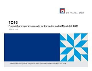 1Q161Q16
Financial and operating results for the period ended March 31, 2016
April 28, 2016
Unless otherwise specified, comparisons in this presentation are between 1Q16 and 1Q15.
 