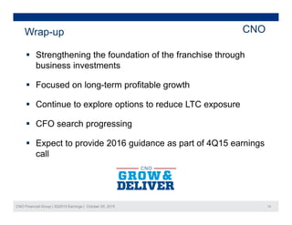 Wrap-up CNO
 Strengthening the foundation of the franchise through
business investments
 Focused on long-term profitable growth
 Continue to explore options to reduce LTC exposure
 CFO search progressingCFO search progressing
 Expect to provide 2016 guidance as part of 4Q15 earnings
callcall
CNO Financial Group | 3Q2015 Earnings | October 29, 2015 14
 