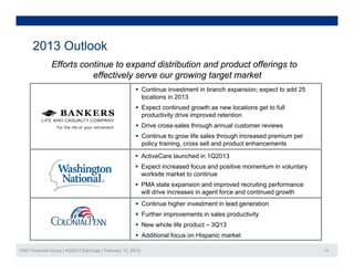 2013 Outlook
               Efforts continue to expand distribution and product offerings to
                          effectively serve our growing target market
                                                       Continue investment in branch expansion; expect to add 25
                                                        locations in 2013
                                                       Expect continued growth as new locations get to full
                                                        productivity drive improved retention
                                                       Drive cross-sales through annual customer reviews
                                                       Continue to grow life sales through increased premium per
                                                        policy training, cross sell and product enhancements

                                                       ActiveCare launched in 1Q2013
                                                              C
                                                       Expect increased focus and positive momentum in voluntary
                                                        worksite market to continue
                                                       PMA state expansion and improved recruiting performance
                                                        will drive increases in agent force and continued growth
                                                       Continue higher investment in lead generation
                                                       Further improvements in sales productivity
                                                       N
                                                        New whole lif product – 3Q13
                                                             h l life    d t
                                                       Additional focus on Hispanic market

CNO Financial Group | 4Q2012 Earnings | February 12, 2013                                                           13
 