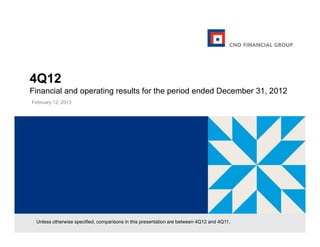 4Q12
Financial and operating results for the period ended December 31, 2012
February 12, 2013




 Unless otherwise specified, comparisons in this presentation are between 4Q12 and 4Q11.
 