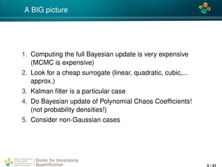 4*
A BIG picture
1. Computing the full Bayesian update is very expensive
(MCMC is expensive)
2. Look for a cheap surrogate (linear, quadratic, cubic,...
approx.)
3. Kalman ﬁlter is a particular case
4. Do Bayesian update of Polynomial Chaos Coefﬁcients!
(not probability densities!)
5. Consider non-Gaussian cases
Center for Uncertainty
Quantiﬁcation
ation Logo Lock-up
5 / 31
 