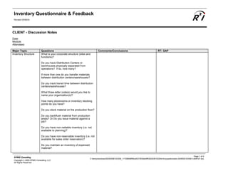 Inventory Questionnaire & Feedback
Revised 05/08/24
Copyright  2000 KPMG Consulting, LLC
All Rights Reserved
Page 1 of 9
C:tempwindows20240508143309_11728946f59cef231f03bfa3ff53934361022fdcinvquestionnaire-240508143308-1c9df1b7.doc
CLIENT - Discussion Notes
Date:
Module:
Attendees:
Major Topic Questions Comments/Conclusions R2
i GAP
Inventory Structure What is your corporate structure (sites and
functions)?
Do you have Distribution Centers or
warehouses physically separated from
operations? If so, how many?
If more than one do you transfer materials
between distribution centers/warehouses?
Do you track transit time between distribution
centers/warehouses?
What three-letter code(s) would you like to
name your organization(s)?
How many stockrooms or inventory stocking
points do you have?
Do you stock material on the production floor?
Do you backflush material from production
areas? Or Do you issue material against a
job?
Do you have non-nettable inventory (i.e. not
available to planning)?
Do you have non-reservable inventory (i.e. not
available for sales order reservation)?
Do you maintain an inventory of expensed
material?
 