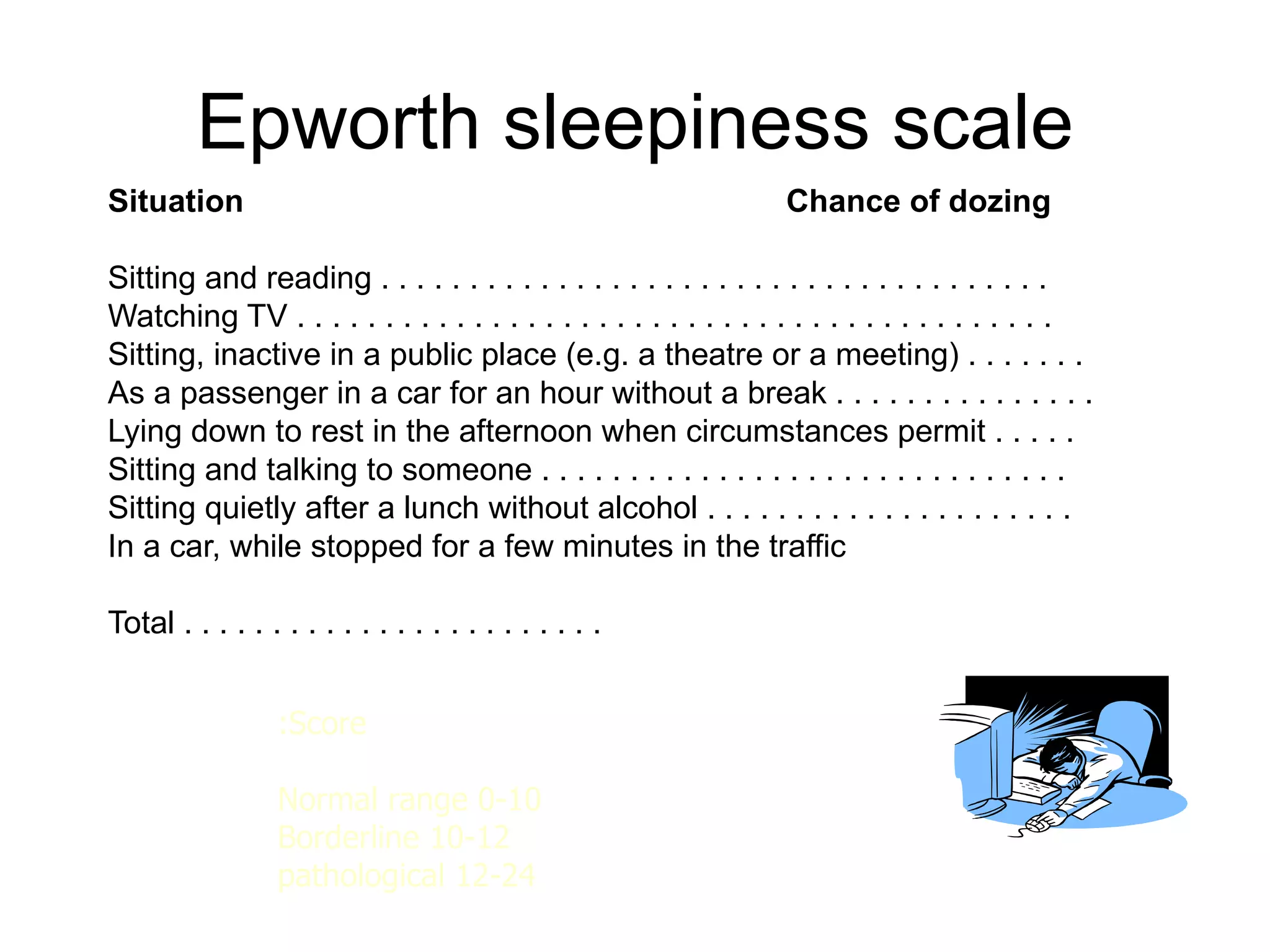 Epworth sleepiness scale
Situation                                                         Chance of dozing

Sitting and reading . . . . . . . . . . . . . . . . . . . . . . . . . . . . . . . . . . . . . .
Watching TV . . . . . . . . . . . . . . . . . . . . . . . . . . . . . . . . . . . . . . . . . . .
Sitting, inactive in a public place (e.g. a theatre or a meeting) . . . . . . .
As a passenger in a car for an hour without a break . . . . . . . . . . . . . . .
Lying down to rest in the afternoon when circumstances permit . . . . .
Sitting and talking to someone . . . . . . . . . . . . . . . . . . . . . . . . . . . . . .
Sitting quietly after a lunch without alcohol . . . . . . . . . . . . . . . . . . . . .
In a car, while stopped for a few minutes in the traffic

Total . . . . . . . . . . . . . . . . . . . . . . . .


                  :Score

                  Normal range 0-10 
                  Borderline 10-12
                  pathological 12-24
 