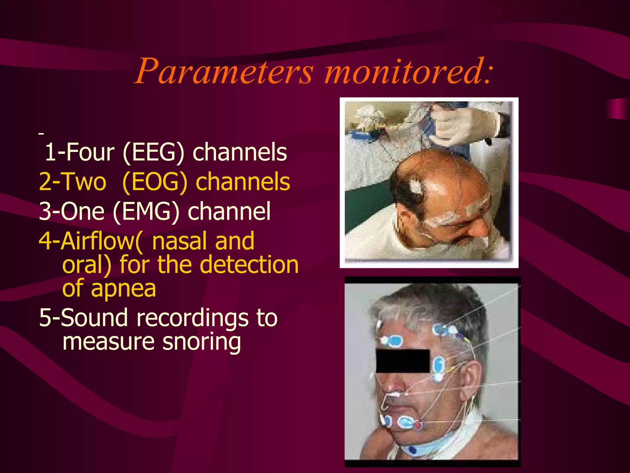 Parameters monitored:

1-Four (EEG) channels
2-Two  (EOG) channels 
3-One (EMG) channel
4-Airflow( nasal and 
  oral) for the detection 
  of apnea 
5-Sound recordings to 
  measure snoring

      
 