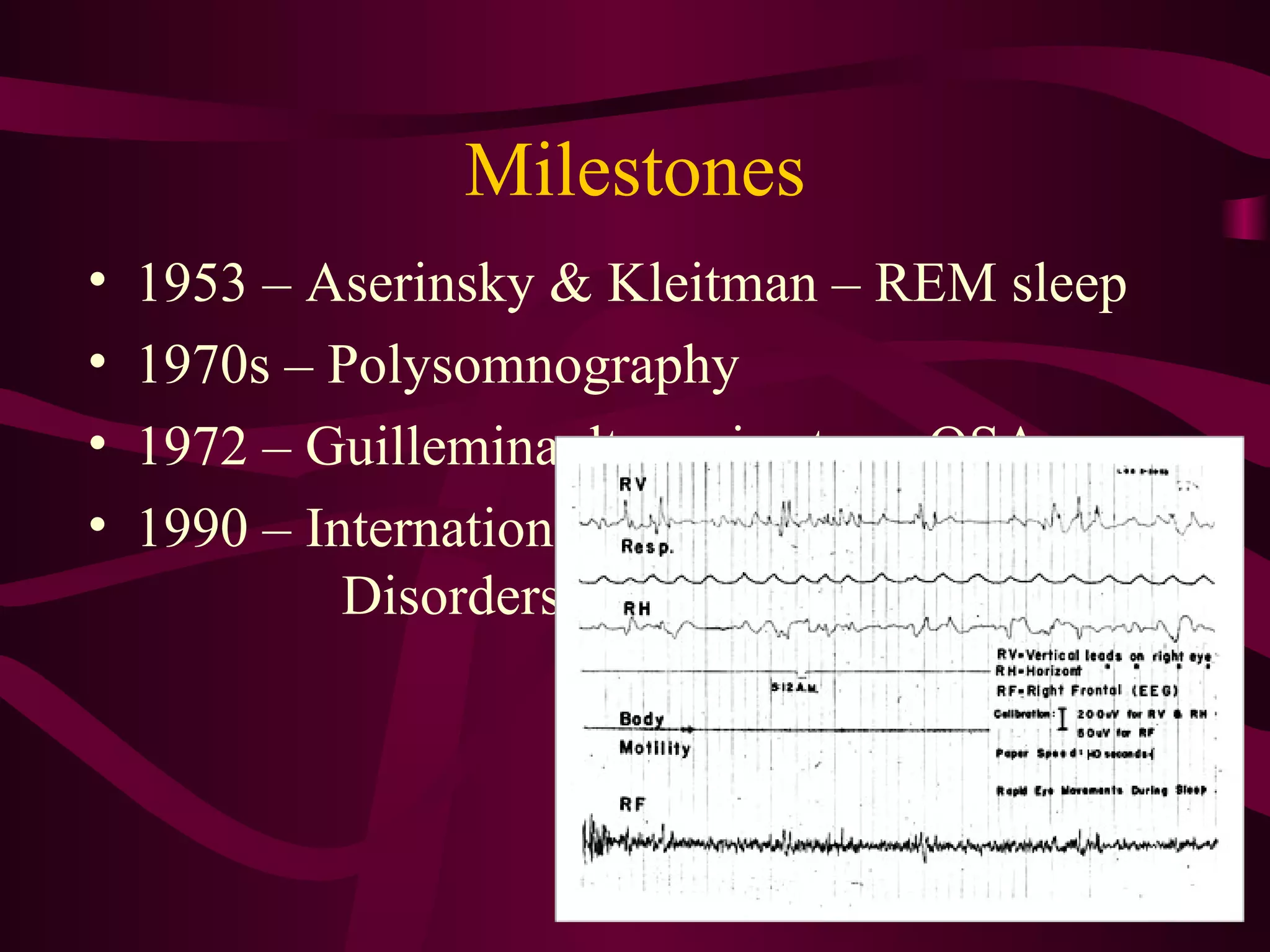 Milestones
•   1953 – Aserinsky & Kleitman – REM sleep
•   1970s – Polysomnography
•   1972 – Guilleminault – coins term OSA
•   1990 – International Classification of Sleep
             Disorders
 