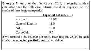 Example 2: Assume that in August 2018, a security analyst
estimated that the following returns could be expected on the
stocks of four large companies:
Expected Return, E(R)
Microsoft 12.0%
General Electric 11.5
Nike 10.0
Coca-Cola 9.5
If we formed a Br. 100,000 portfolio, investing Br. 25,000 in each
stock, the expected portfolio return would be:
19
 