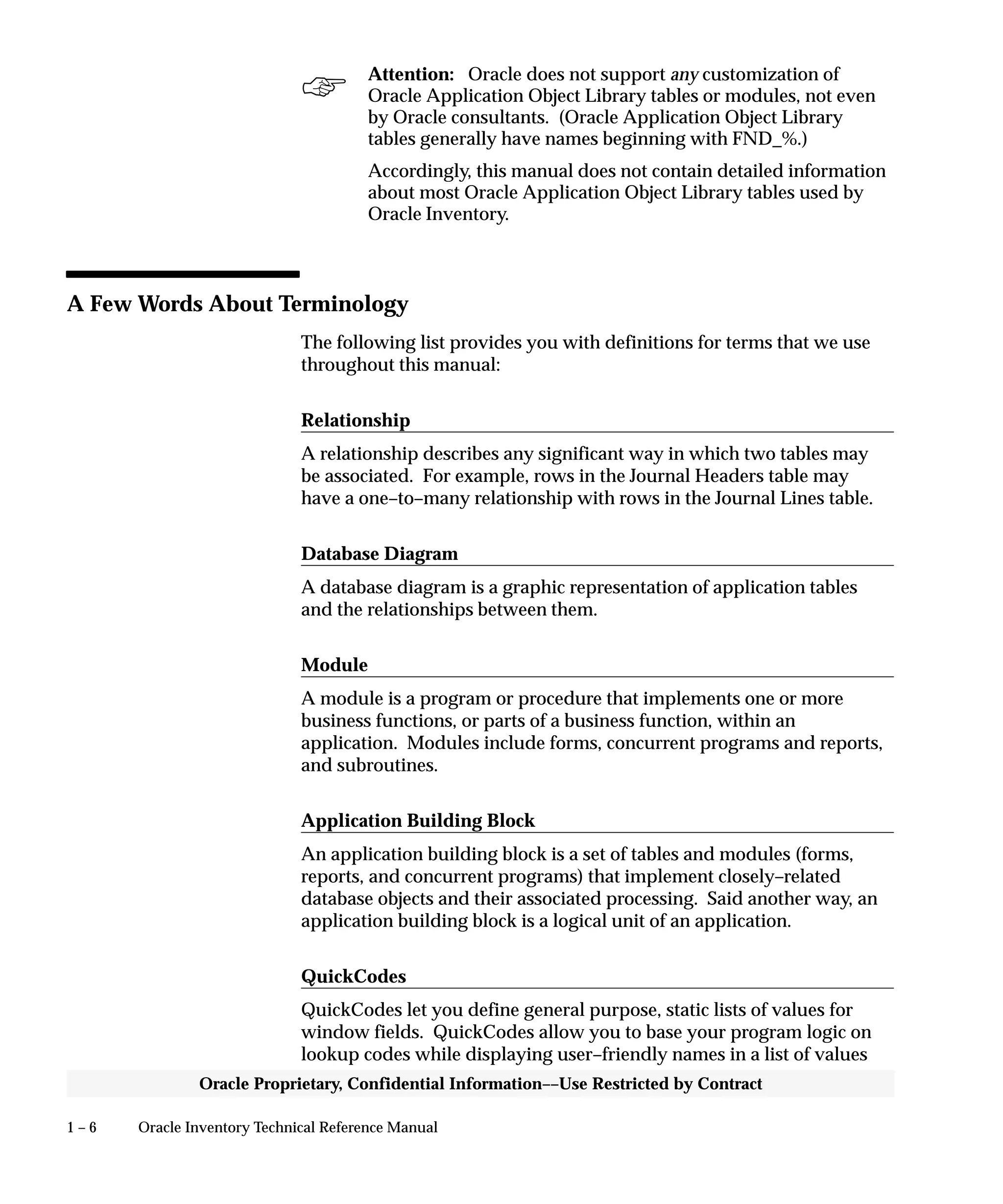 1 – 6 Oracle Inventory Technical Reference Manual
Oracle Proprietary, Confidential Information––Use Restricted by Contract
Attention: Oracle does not support any customization of
Oracle Application Object Library tables or modules, not even
by Oracle consultants. (Oracle Application Object Library
tables generally have names beginning with FND_%.)
Accordingly, this manual does not contain detailed information
about most Oracle Application Object Library tables used by
Oracle Inventory.
A Few Words About Terminology
The following list provides you with definitions for terms that we use
throughout this manual:
Relationship
A relationship describes any significant way in which two tables may
be associated. For example, rows in the Journal Headers table may
have a one–to–many relationship with rows in the Journal Lines table.
Database Diagram
A database diagram is a graphic representation of application tables
and the relationships between them.
Module
A module is a program or procedure that implements one or more
business functions, or parts of a business function, within an
application. Modules include forms, concurrent programs and reports,
and subroutines.
Application Building Block
An application building block is a set of tables and modules (forms,
reports, and concurrent programs) that implement closely–related
database objects and their associated processing. Said another way, an
application building block is a logical unit of an application.
QuickCodes
QuickCodes let you define general purpose, static lists of values for
window fields. QuickCodes allow you to base your program logic on
lookup codes while displaying user–friendly names in a list of values
 