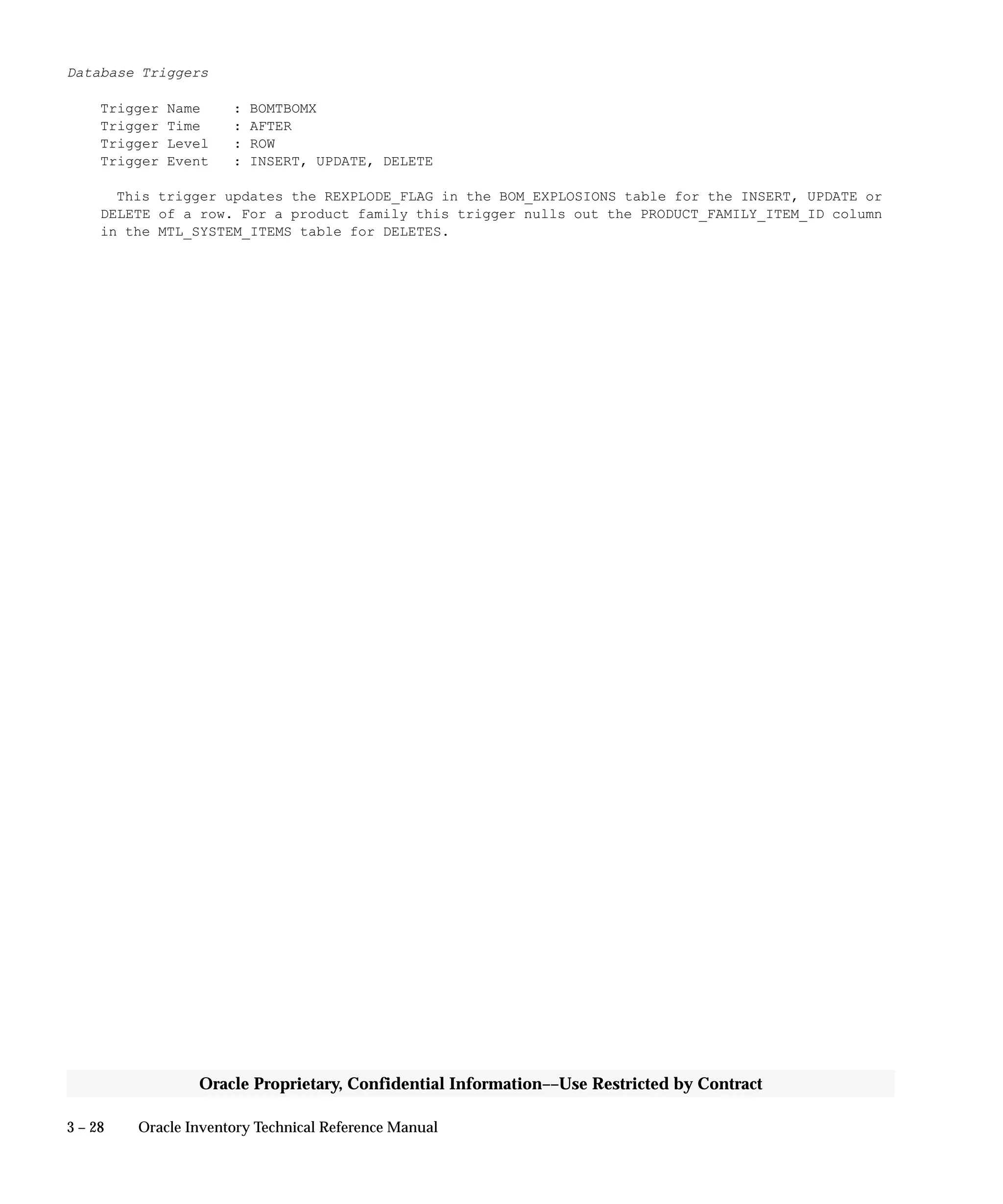 3 – 28 Oracle Inventory Technical Reference Manual
Oracle Proprietary, Confidential Information––Use Restricted by Contract
Database Triggers
Trigger Name : BOMTBOMX
Trigger Time : AFTER
Trigger Level : ROW
Trigger Event : INSERT, UPDATE, DELETE
This trigger updates the REXPLODE_FLAG in the BOM_EXPLOSIONS table for the INSERT, UPDATE or
DELETE of a row. For a product family this trigger nulls out the PRODUCT_FAMILY_ITEM_ID column
in the MTL_SYSTEM_ITEMS table for DELETES.
 