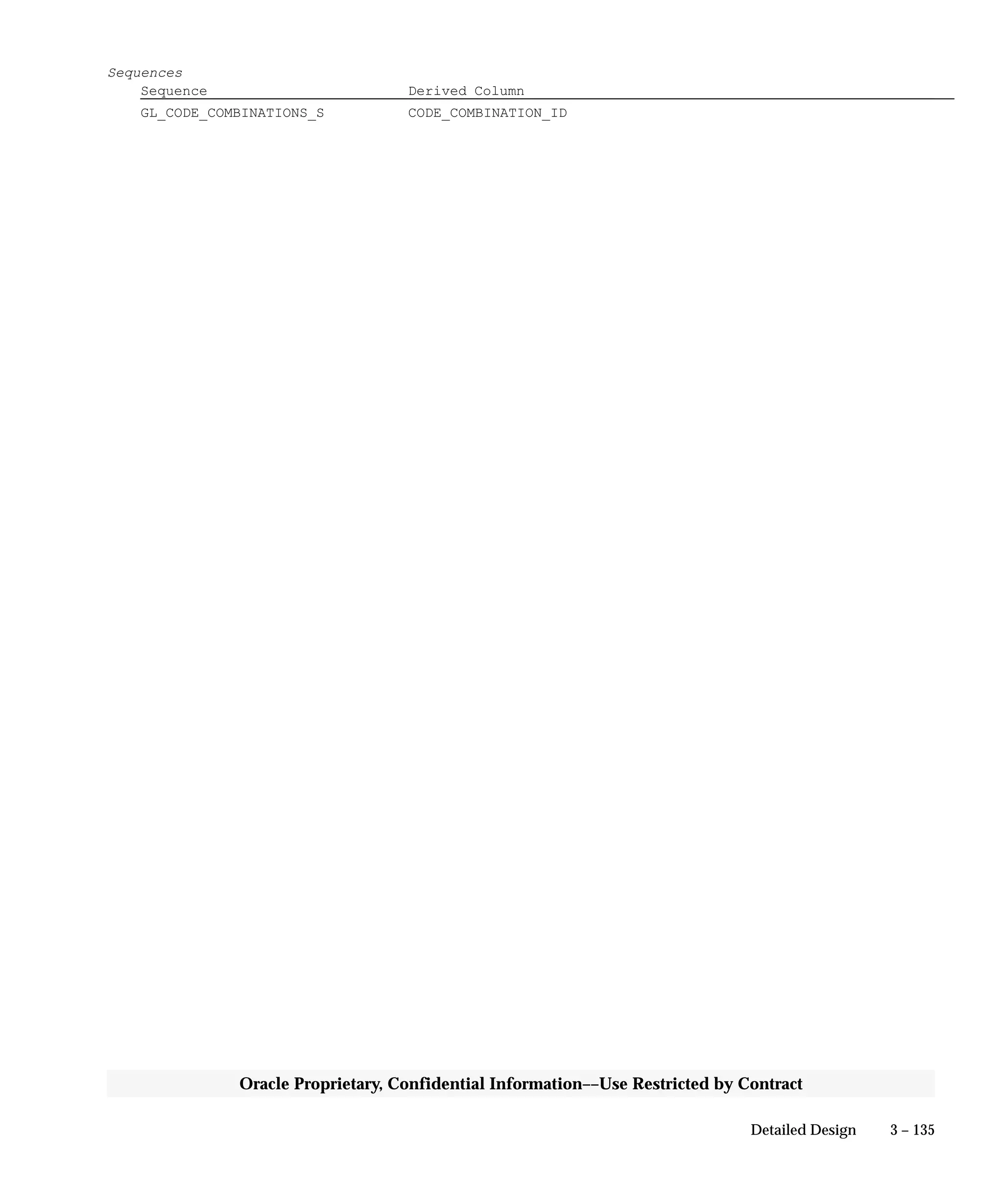 3 – 135Detailed Design
Oracle Proprietary, Confidential Information––Use Restricted by Contract
Sequences
Sequence Derived Column
GL_CODE_COMBINATIONS_S CODE_COMBINATION_ID
 