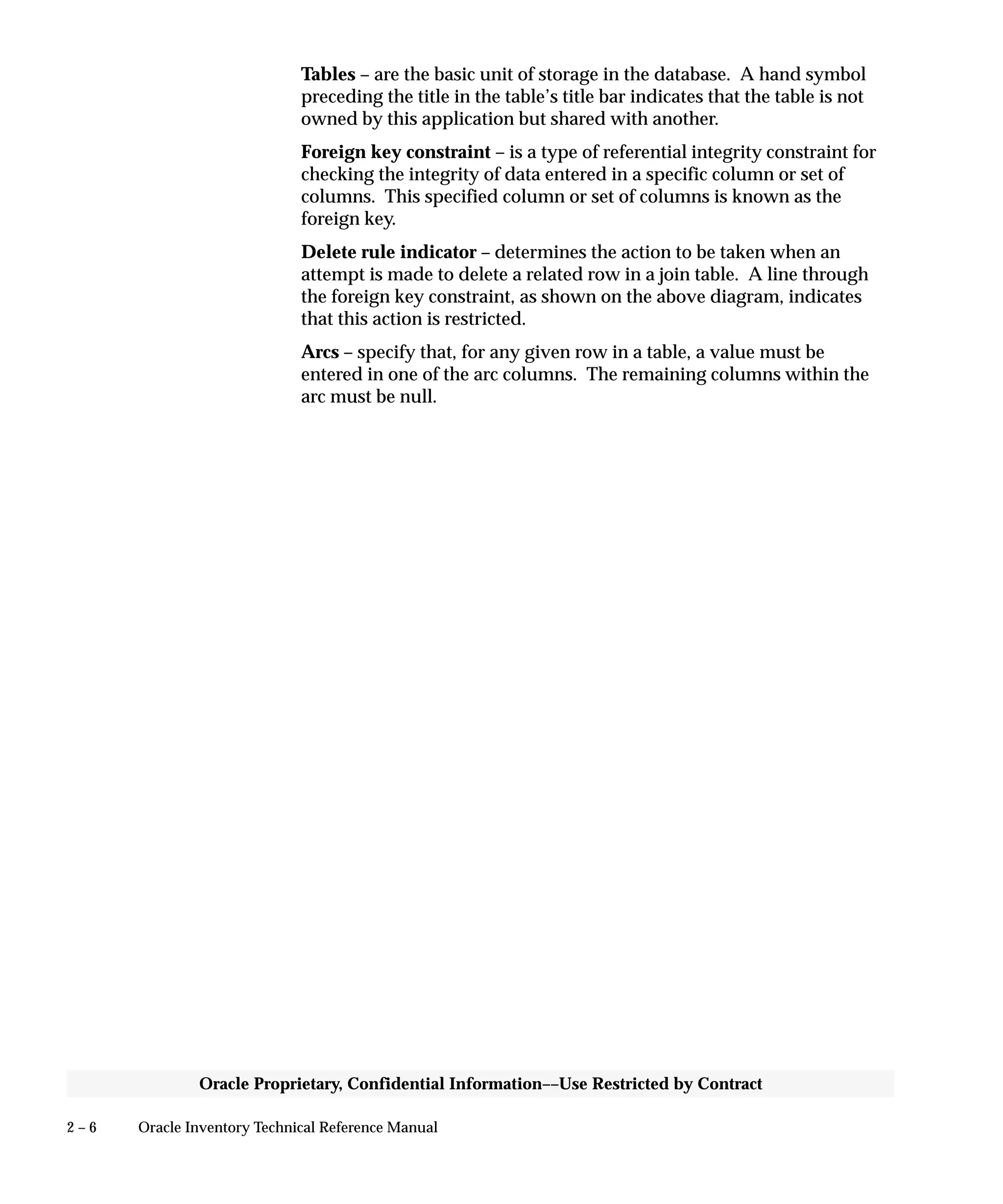 2 – 6 Oracle Inventory Technical Reference Manual
Oracle Proprietary, Confidential Information––Use Restricted by Contract
Tables – are the basic unit of storage in the database. A hand symbol
preceding the title in the table’s title bar indicates that the table is not
owned by this application but shared with another.
Foreign key constraint – is a type of referential integrity constraint for
checking the integrity of data entered in a specific column or set of
columns. This specified column or set of columns is known as the
foreign key.
Delete rule indicator – determines the action to be taken when an
attempt is made to delete a related row in a join table. A line through
the foreign key constraint, as shown on the above diagram, indicates
that this action is restricted.
Arcs – specify that, for any given row in a table, a value must be
entered in one of the arc columns. The remaining columns within the
arc must be null.
 