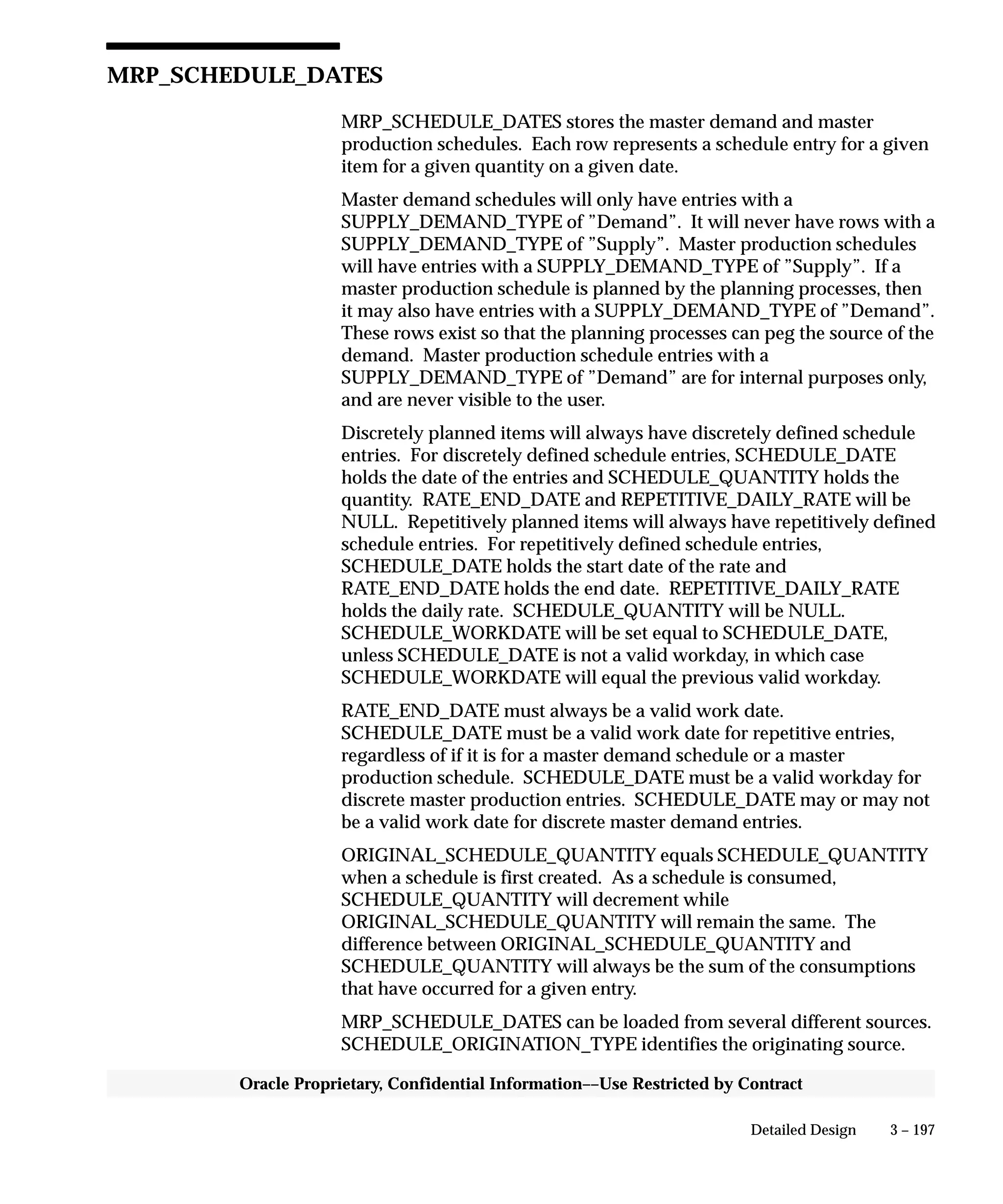 3 – 197Detailed Design
Oracle Proprietary, Confidential Information––Use Restricted by Contract
MRP_SCHEDULE_DATES
MRP_SCHEDULE_DATES stores the master demand and master
production schedules. Each row represents a schedule entry for a given
item for a given quantity on a given date.
Master demand schedules will only have entries with a
SUPPLY_DEMAND_TYPE of ”Demand”. It will never have rows with a
SUPPLY_DEMAND_TYPE of ”Supply”. Master production schedules
will have entries with a SUPPLY_DEMAND_TYPE of ”Supply”. If a
master production schedule is planned by the planning processes, then
it may also have entries with a SUPPLY_DEMAND_TYPE of ”Demand”.
These rows exist so that the planning processes can peg the source of the
demand. Master production schedule entries with a
SUPPLY_DEMAND_TYPE of ”Demand” are for internal purposes only,
and are never visible to the user.
Discretely planned items will always have discretely defined schedule
entries. For discretely defined schedule entries, SCHEDULE_DATE
holds the date of the entries and SCHEDULE_QUANTITY holds the
quantity. RATE_END_DATE and REPETITIVE_DAILY_RATE will be
NULL. Repetitively planned items will always have repetitively defined
schedule entries. For repetitively defined schedule entries,
SCHEDULE_DATE holds the start date of the rate and
RATE_END_DATE holds the end date. REPETITIVE_DAILY_RATE
holds the daily rate. SCHEDULE_QUANTITY will be NULL.
SCHEDULE_WORKDATE will be set equal to SCHEDULE_DATE,
unless SCHEDULE_DATE is not a valid workday, in which case
SCHEDULE_WORKDATE will equal the previous valid workday.
RATE_END_DATE must always be a valid work date.
SCHEDULE_DATE must be a valid work date for repetitive entries,
regardless of if it is for a master demand schedule or a master
production schedule. SCHEDULE_DATE must be a valid workday for
discrete master production entries. SCHEDULE_DATE may or may not
be a valid work date for discrete master demand entries.
ORIGINAL_SCHEDULE_QUANTITY equals SCHEDULE_QUANTITY
when a schedule is first created. As a schedule is consumed,
SCHEDULE_QUANTITY will decrement while
ORIGINAL_SCHEDULE_QUANTITY will remain the same. The
difference between ORIGINAL_SCHEDULE_QUANTITY and
SCHEDULE_QUANTITY will always be the sum of the consumptions
that have occurred for a given entry.
MRP_SCHEDULE_DATES can be loaded from several different sources.
SCHEDULE_ORIGINATION_TYPE identifies the originating source.
 
