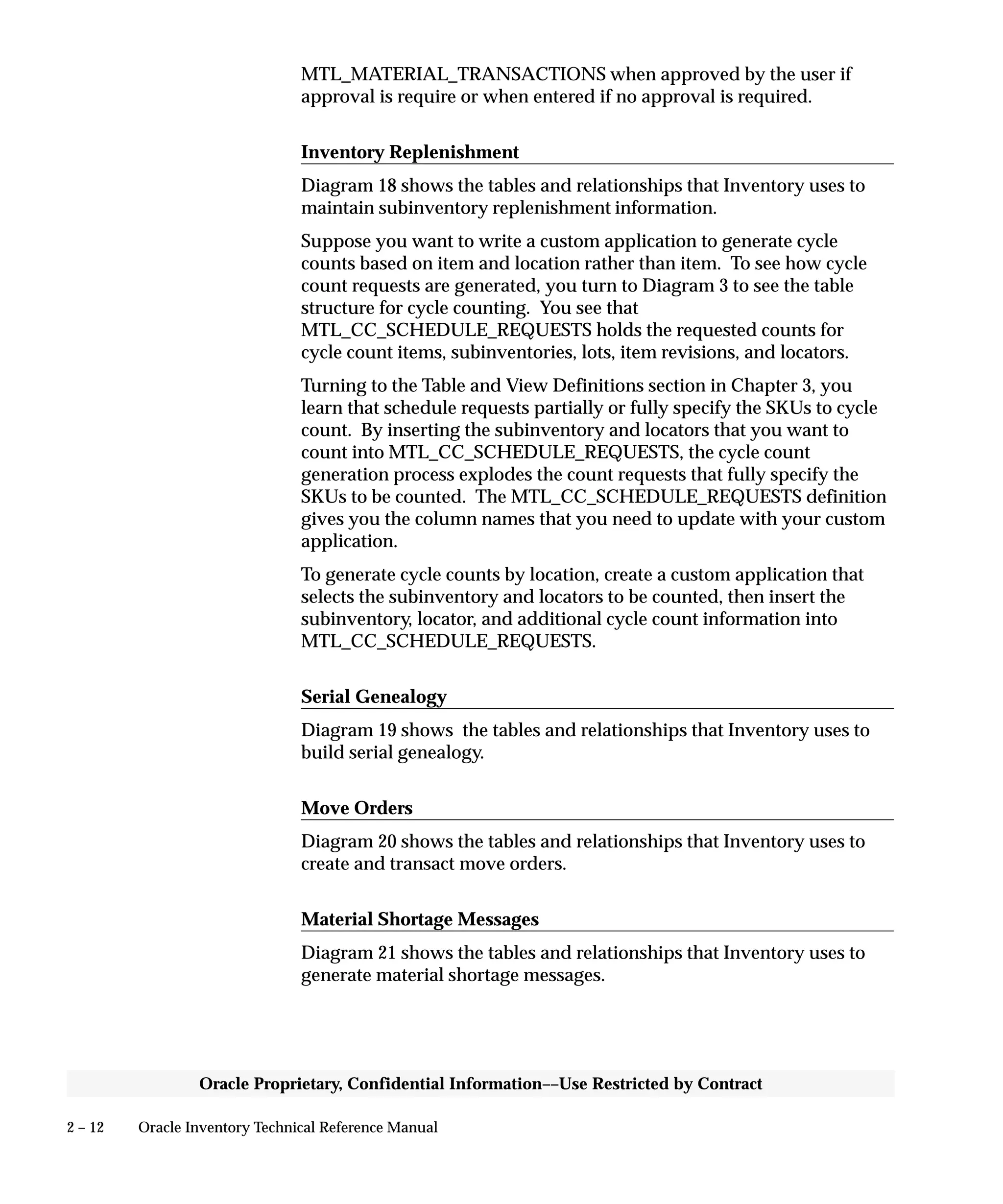 2 – 12 Oracle Inventory Technical Reference Manual
Oracle Proprietary, Confidential Information––Use Restricted by Contract
MTL_MATERIAL_TRANSACTIONS when approved by the user if
approval is require or when entered if no approval is required.
Inventory Replenishment
Diagram 18 shows the tables and relationships that Inventory uses to
maintain subinventory replenishment information.
Suppose you want to write a custom application to generate cycle
counts based on item and location rather than item. To see how cycle
count requests are generated, you turn to Diagram 3 to see the table
structure for cycle counting. You see that
MTL_CC_SCHEDULE_REQUESTS holds the requested counts for
cycle count items, subinventories, lots, item revisions, and locators.
Turning to the Table and View Definitions section in Chapter 3, you
learn that schedule requests partially or fully specify the SKUs to cycle
count. By inserting the subinventory and locators that you want to
count into MTL_CC_SCHEDULE_REQUESTS, the cycle count
generation process explodes the count requests that fully specify the
SKUs to be counted. The MTL_CC_SCHEDULE_REQUESTS definition
gives you the column names that you need to update with your custom
application.
To generate cycle counts by location, create a custom application that
selects the subinventory and locators to be counted, then insert the
subinventory, locator, and additional cycle count information into
MTL_CC_SCHEDULE_REQUESTS.
Serial Genealogy
Diagram 19 shows the tables and relationships that Inventory uses to
build serial genealogy.
Move Orders
Diagram 20 shows the tables and relationships that Inventory uses to
create and transact move orders.
Material Shortage Messages
Diagram 21 shows the tables and relationships that Inventory uses to
generate material shortage messages.
 