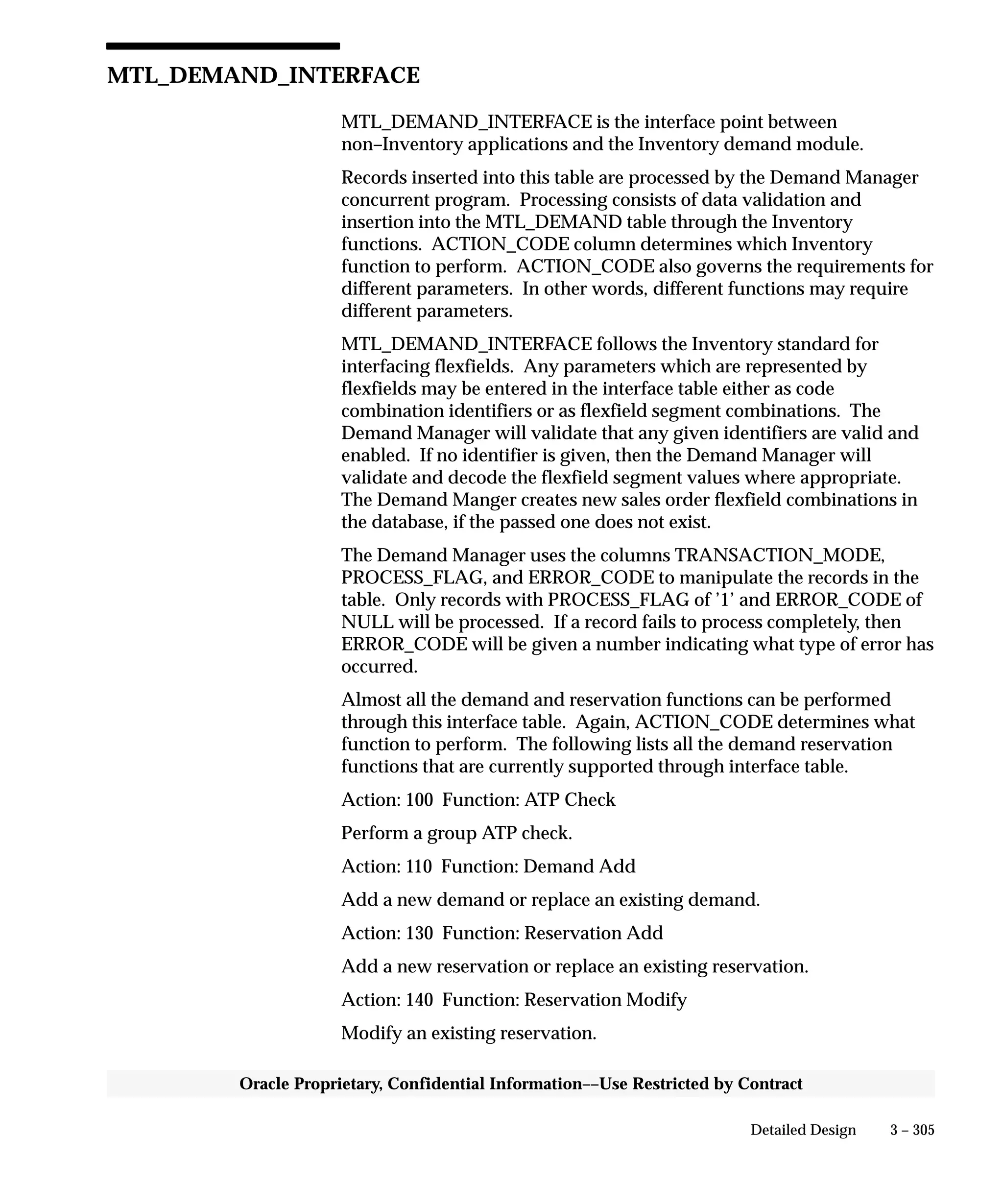 3 – 305Detailed Design
Oracle Proprietary, Confidential Information––Use Restricted by Contract
MTL_DEMAND_INTERFACE
MTL_DEMAND_INTERFACE is the interface point between
non–Inventory applications and the Inventory demand module.
Records inserted into this table are processed by the Demand Manager
concurrent program. Processing consists of data validation and
insertion into the MTL_DEMAND table through the Inventory
functions. ACTION_CODE column determines which Inventory
function to perform. ACTION_CODE also governs the requirements for
different parameters. In other words, different functions may require
different parameters.
MTL_DEMAND_INTERFACE follows the Inventory standard for
interfacing flexfields. Any parameters which are represented by
flexfields may be entered in the interface table either as code
combination identifiers or as flexfield segment combinations. The
Demand Manager will validate that any given identifiers are valid and
enabled. If no identifier is given, then the Demand Manager will
validate and decode the flexfield segment values where appropriate.
The Demand Manger creates new sales order flexfield combinations in
the database, if the passed one does not exist.
The Demand Manager uses the columns TRANSACTION_MODE,
PROCESS_FLAG, and ERROR_CODE to manipulate the records in the
table. Only records with PROCESS_FLAG of ’1’ and ERROR_CODE of
NULL will be processed. If a record fails to process completely, then
ERROR_CODE will be given a number indicating what type of error has
occurred.
Almost all the demand and reservation functions can be performed
through this interface table. Again, ACTION_CODE determines what
function to perform. The following lists all the demand reservation
functions that are currently supported through interface table.
Action: 100 Function: ATP Check
Perform a group ATP check.
Action: 110 Function: Demand Add
Add a new demand or replace an existing demand.
Action: 130 Function: Reservation Add
Add a new reservation or replace an existing reservation.
Action: 140 Function: Reservation Modify
Modify an existing reservation.
 