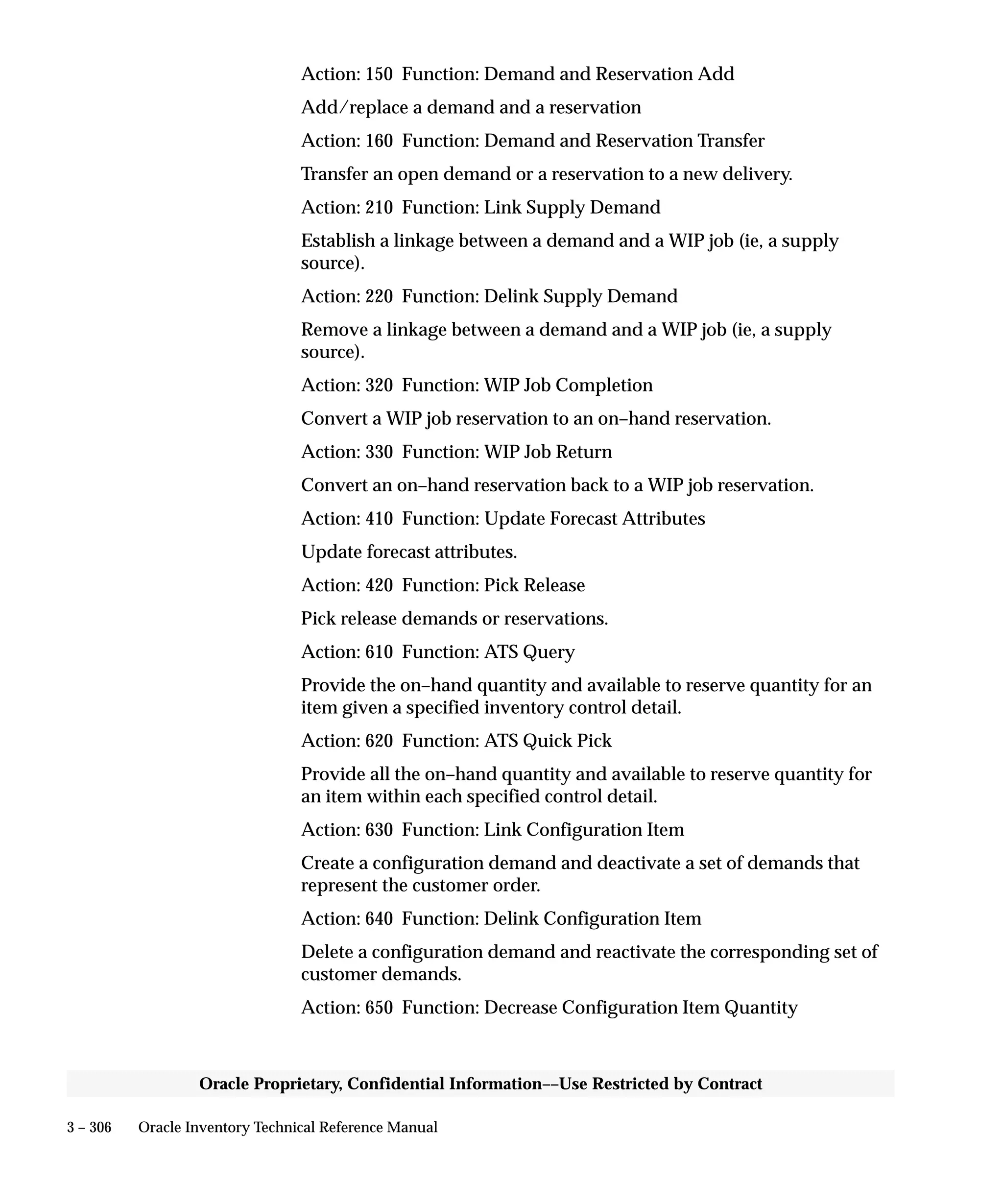 3 – 306 Oracle Inventory Technical Reference Manual
Oracle Proprietary, Confidential Information––Use Restricted by Contract
Action: 150 Function: Demand and Reservation Add
Add/replace a demand and a reservation
Action: 160 Function: Demand and Reservation Transfer
Transfer an open demand or a reservation to a new delivery.
Action: 210 Function: Link Supply Demand
Establish a linkage between a demand and a WIP job (ie, a supply
source).
Action: 220 Function: Delink Supply Demand
Remove a linkage between a demand and a WIP job (ie, a supply
source).
Action: 320 Function: WIP Job Completion
Convert a WIP job reservation to an on–hand reservation.
Action: 330 Function: WIP Job Return
Convert an on–hand reservation back to a WIP job reservation.
Action: 410 Function: Update Forecast Attributes
Update forecast attributes.
Action: 420 Function: Pick Release
Pick release demands or reservations.
Action: 610 Function: ATS Query
Provide the on–hand quantity and available to reserve quantity for an
item given a specified inventory control detail.
Action: 620 Function: ATS Quick Pick
Provide all the on–hand quantity and available to reserve quantity for
an item within each specified control detail.
Action: 630 Function: Link Configuration Item
Create a configuration demand and deactivate a set of demands that
represent the customer order.
Action: 640 Function: Delink Configuration Item
Delete a configuration demand and reactivate the corresponding set of
customer demands.
Action: 650 Function: Decrease Configuration Item Quantity
 