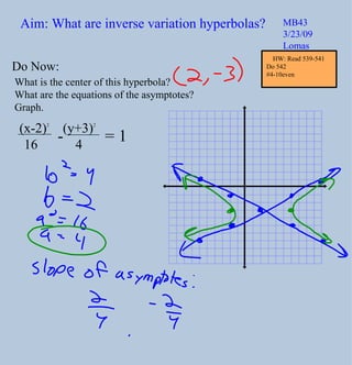 Aim: What are inverse variation hyperbolas? MB43 3/23/09 Lomas Do Now: What is the center of this hyperbola? What are the equations of the asymptotes? Graph. HW: Read 539-541 Do 542  #4-10even (x-2) 2   (y+3) 2 16  4 -  = 1 