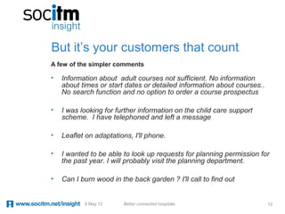 But it’s your customers that count
A few of the simpler comments

•   Information about adult courses not sufficient. No information
    about times or start dates or detailed information about courses..
    No search function and no option to order a course prospectus

•   I was looking for further information on the child care support
    scheme. I have telephoned and left a message

•   Leaflet on adaptations, I'll phone.

•   I wanted to be able to look up requests for planning permission for
    the past year. I will probably visit the planning department.

•   Can I burn wood in the back garden ? I'll call to find out


           9 May 12     Better connected hospitals                       12
 