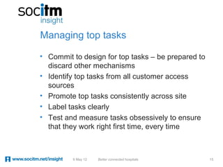 Managing top tasks

• Commit to design for top tasks – be prepared to
  discard other mechanisms
• Identify top tasks from all customer access
  sources
• Promote top tasks consistently across site
• Label tasks clearly
• Test and measure tasks obsessively to ensure
  that they work right first time, every time



         9 May 12   Better connected hospitals      15
 