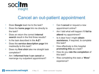 Cancel an out-patient appointment
•   Does Google lead me to the task?                •    Can I cancel or request a new
•   Does the home page link me directly to               appointment online?
    the task?                                       •    Am I told what will happen if I fail to
•   Does an return the correct internal                  attend my appointment?
    search result in the first three results?       •    Is it clear how I might obtain
•   Is the task described in the A-Z?                    assistance, if required, to complete
•   Does the service description page link               this task?
    medirectly to this task?                        •    How effectively is this hospital
•   Does my first click take me straight task            promoting this as a task?
    completion?                                     •    How do you rate the completion of
•                                                        this task?
    Am I informed how I can cancel or
    rearrange my outpatient appointment?            •    Was completing this task a ‘Wow!’
                                                         experience?



                            9 May 12   Better connected hospitals                                  20
 