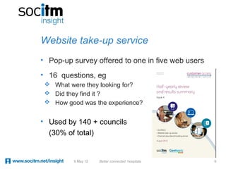 Website take-up service
• Pop-up survey offered to one in five web users
• 16 questions, eg
  What were they looking for?
  Did they find it ?
  How good was the experience?


• Used by 140 + councils
  (30% of total)


          9 May 12   Better connected hospitals    9
 
