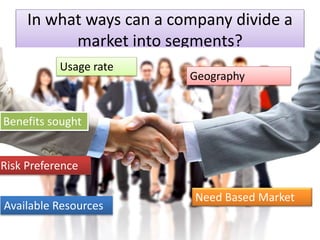 In what ways can a company divide a
market into segments?
Benefits sought
Risk Preference
Available Resources
Geography
Need Based Market
Usage rate
 